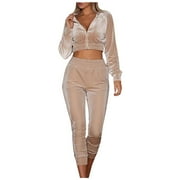 Alueeu plus Casual Solid Color Long Sleeve Hoodie Loose Sport Two Piece Womens Top Dry Fit Lost Ink Dresses Beige M