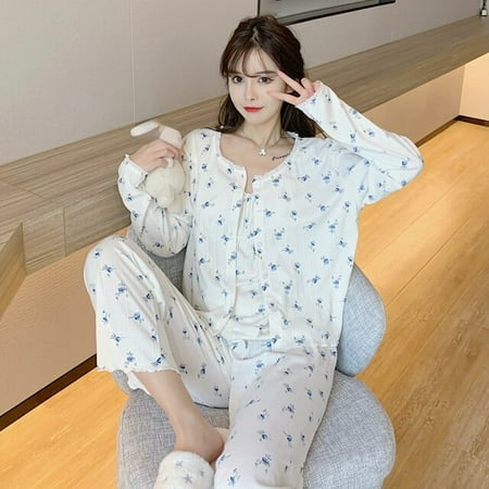 

DanceeMangoo Spring Autumn 3 Pieces Set Cotton Pijamas Women Sleepwear Set Long Sleeve Top Elastic Waist Pants Lounge Home Clothes for Girl