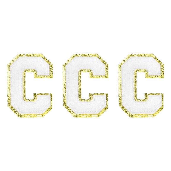 Chenille Letters C Patches Large Size 80mm/3.15 Inch Golden Glitter for Clothing,Shoes,Hats 3PCS(White)