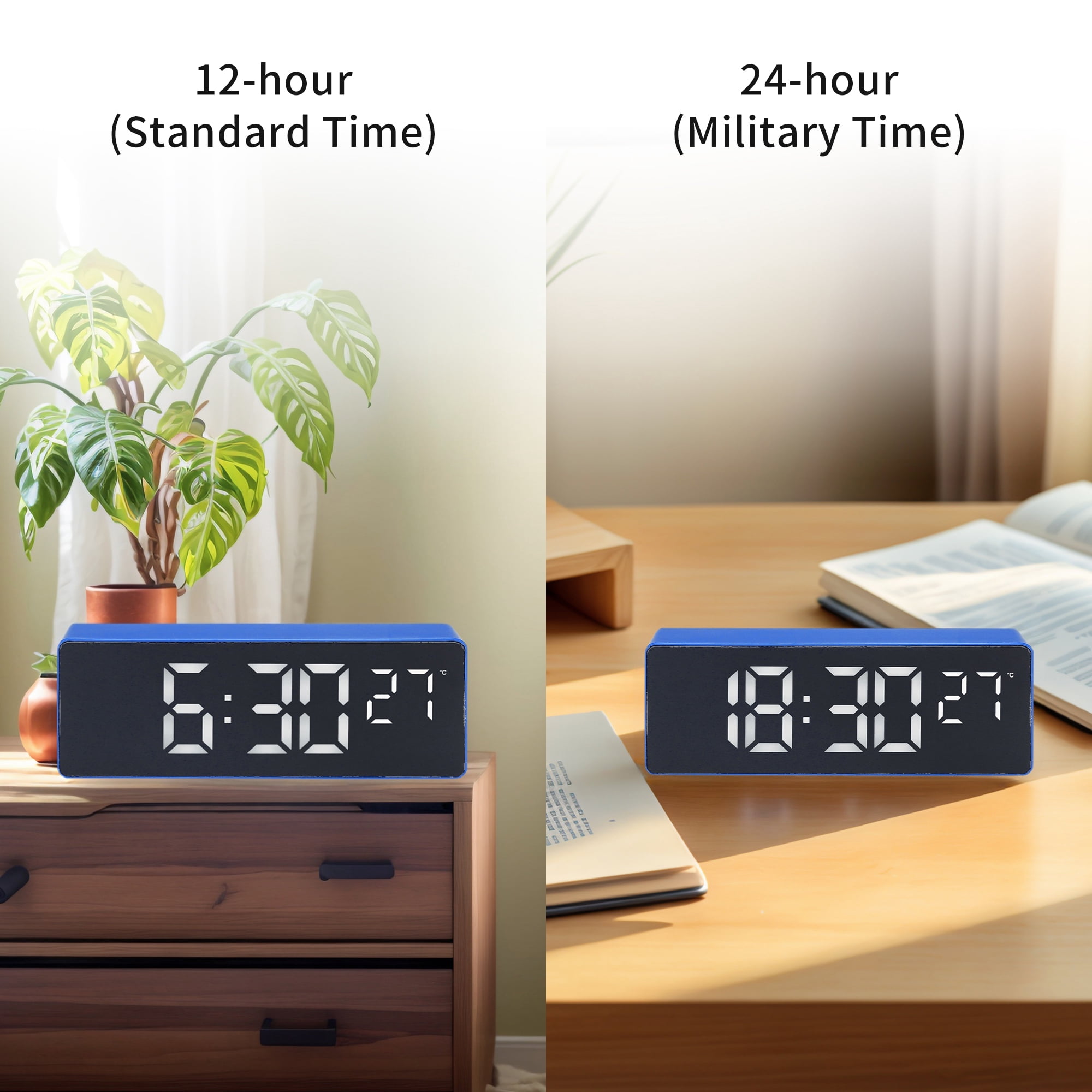 Unique Bargains 2 Pcs Triple Alarm Clock for Bedroom for Deep Sleepers Blue