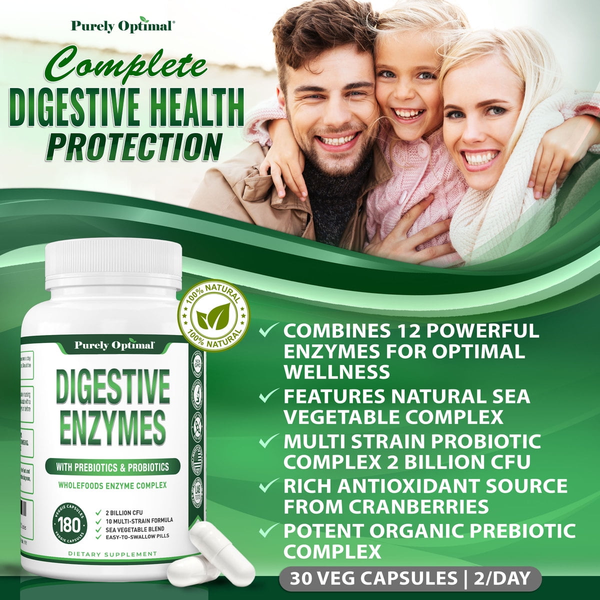 Purely Optimal Digestive Enzymes with Probiotics and Prebiotics 12 Enzymes 180 Capsules