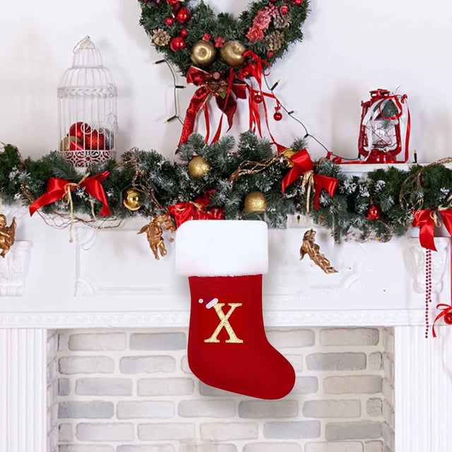 Calcetín navideño personalizado con letra | Bolsa de regalo navideña para dulces y juguetes pequeños | Colgante decorativo para árbol, chimenea o puerta | Decoración festiva para niños y familia
