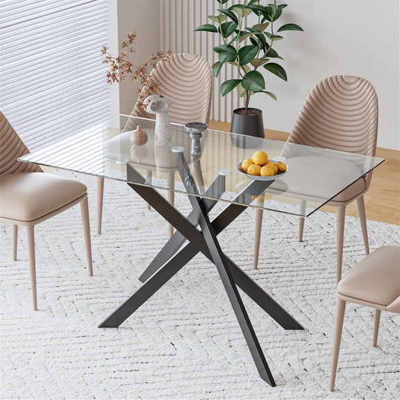 Glass Dining Table for 2 4 People,51.2" Modern Kitchen Table with Black Steel Legs,Rectangular Dinner Table for Small Space,Apartment,Office,Black