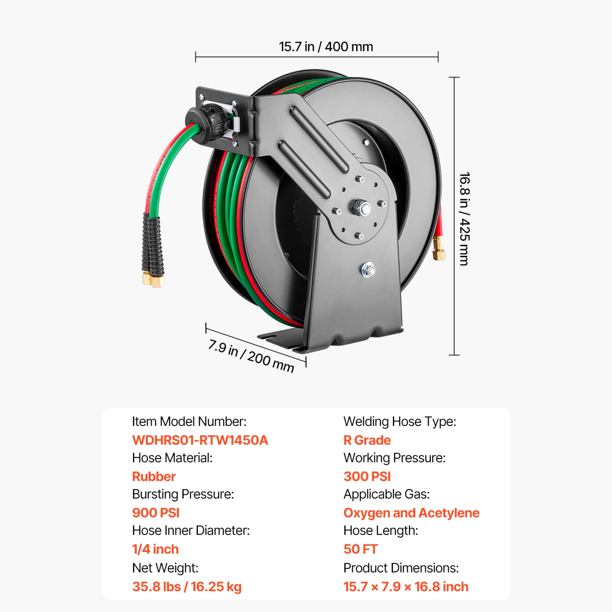 Retractable Oxygen Acetylene Welding Hose Reel, 1/4" x 50ft Twin Hose, 300 PSI Auto-Rewind Steel Reel with B-Style Fittings