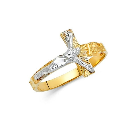 - Crucifix Religious Cross Jesus Christ Band 13mm 14k Two Tone Solid Italian Gold Ring Size 7 Available All Sizes