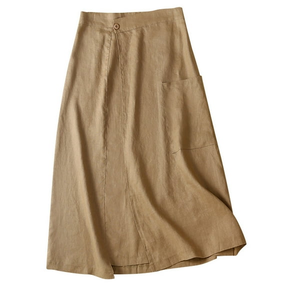 HJYCHN Ladies Retro High Waisted Wrap A Line Skirt with Linen Blend for Casual Daily Wear and Outfit Versatility Khaki XXL