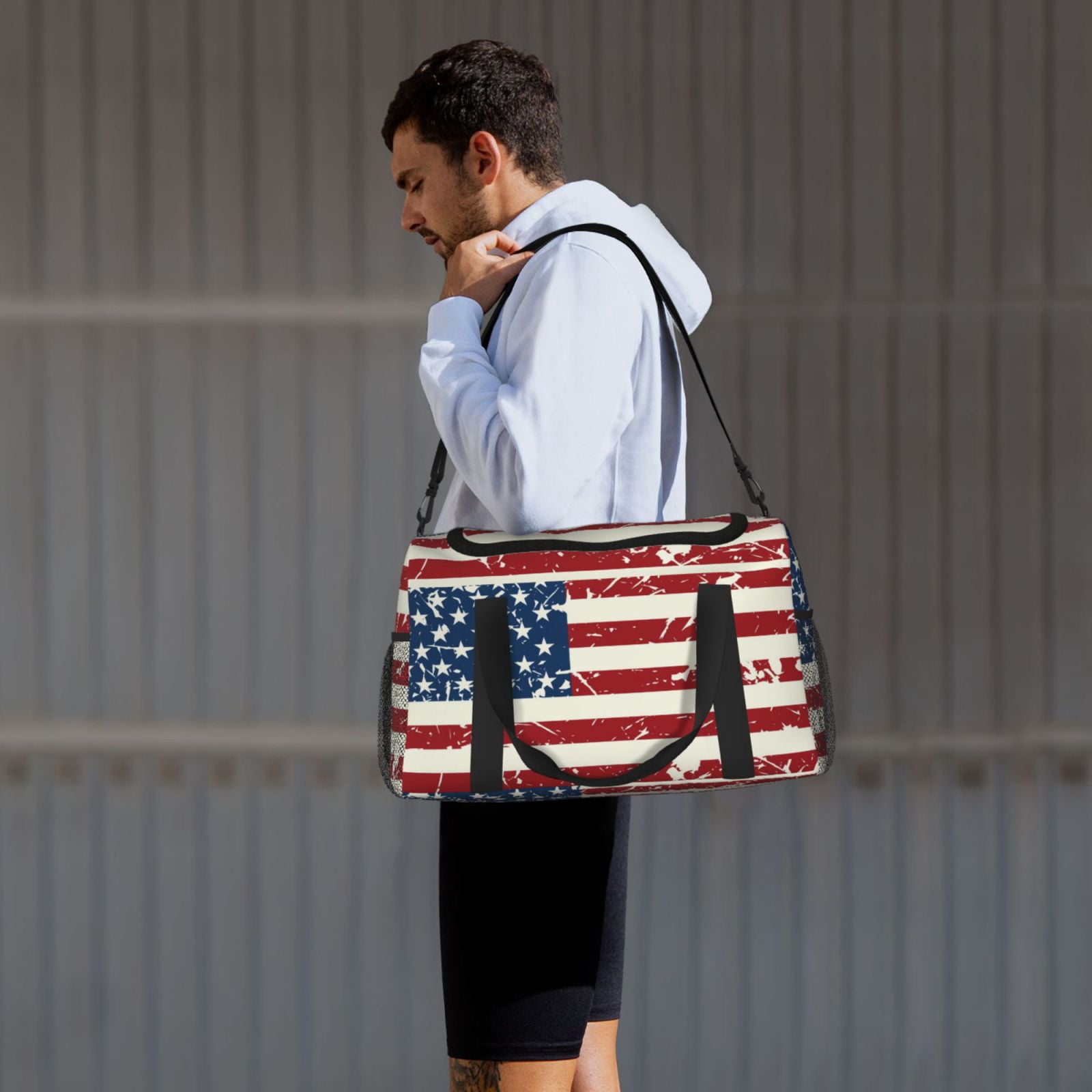 Defioc Vintage American Flag Print Hand Travel Bag - Foldable Travel Duffel Bags for Men Women -Sport Gym Bag - Overnight Travel Duffel Bag - Adjustable Shoulder Strap