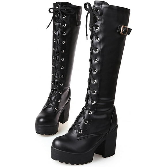 GHSDFBB Platform Knee High Combat Boots For Women Ladies Fashion Punk Goth Leather Lace Up Round Toe Wedge Chunky Block High Heels Knee Length Long Boots Vintage Gothic Motorcycle Riding Tall Bo