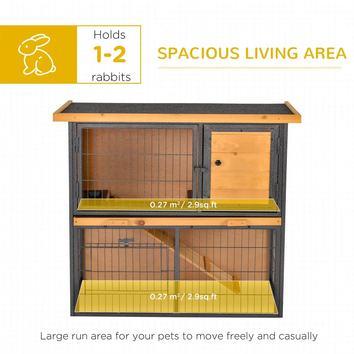 Pefilos 35" Metal Frame Wooden Rabbit Hutch with Asphalt Openable Roof, No Leak Tray, Outdoor Bunny Enclosure Guinea Pig Cage for Small Animals, Beige