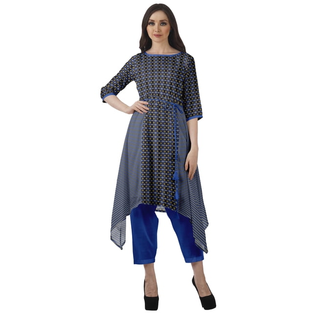 Moomaya Asymmetric Kurti With Pant Indian Tunic Tops Printed Kurti Set For Women