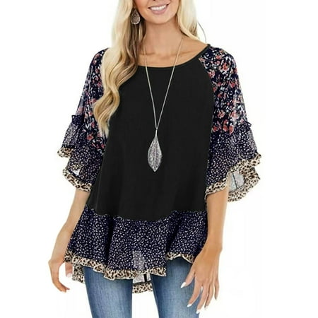

3/4 Bell Sleeve Chiffon Tunic Blouse Women Summer Crewneck Loose Comfy Tops Casual Floral Babydoll Shirts