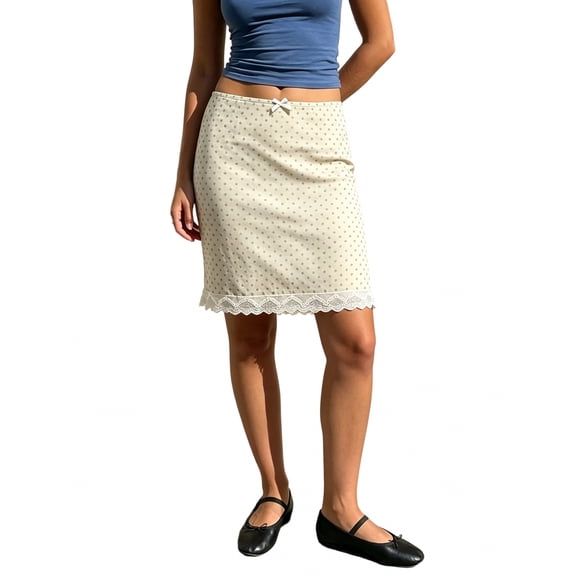 LMLYSoH Women's Summer Midi Skirt Casual Low Waist Dots Print Slim Fit Skirt Lace Trim Mesh Skirt