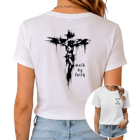 White Print T-Shirt Graphic Tee S-5XL Jesus Cross Print Cute Daily Casual Tops