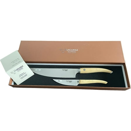 Laguiole en Aubrac Cuisine Gourmet Stainless Fully Forged Steel Made In France Essential 2-Piece Premium Kitchen Knife Set With Boxwood Handles, 8-Chef Knife And 4-in Paring Knife