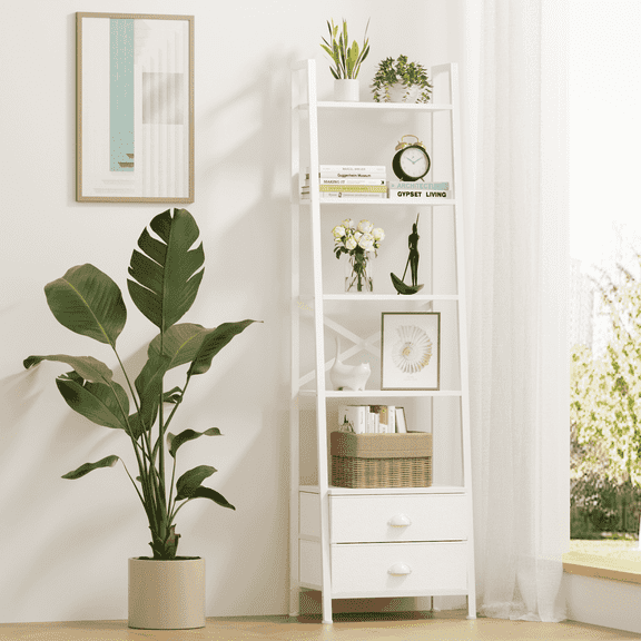 Tydimor 5-Tier 64"H Industrial Bookshelf with 2 Removable Drawers Narrow Bookcase for Living Room,White