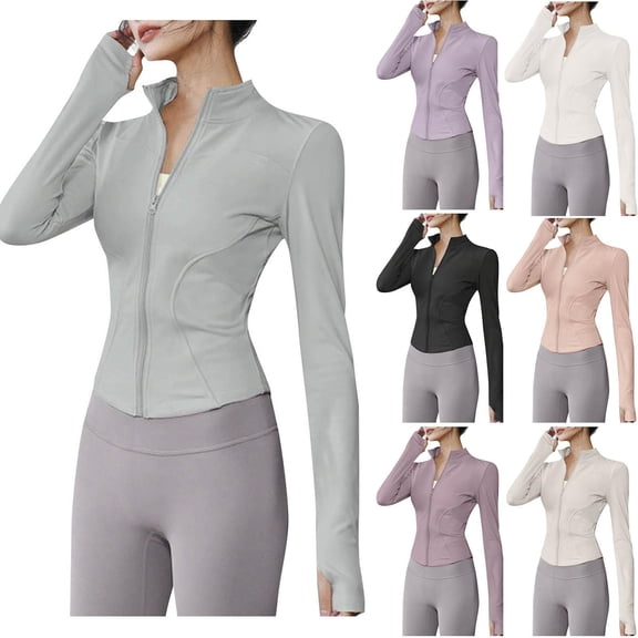Hueook Womens Shirts Womens Long Sleeve Shirts Womens High Elastic Sports Jacket Standing Collar Slim Yoga Top Womens Long Sleeved Standing Collar Top Shirt Gray XL