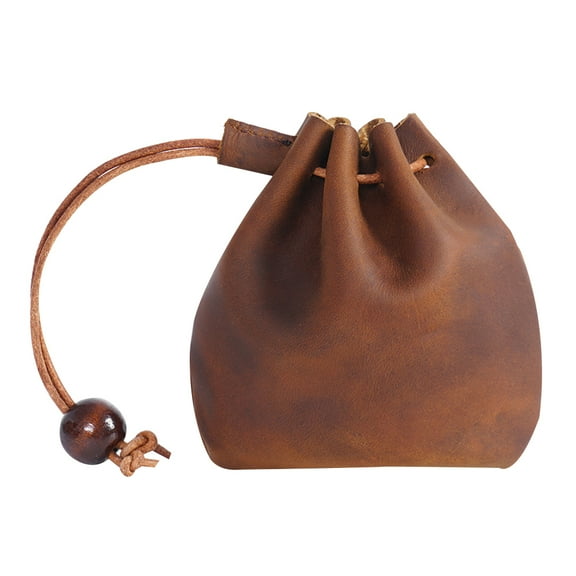Qumonin Vintage Leather Coin Pouch - Drawstring Purse for Men & Women (Brown)