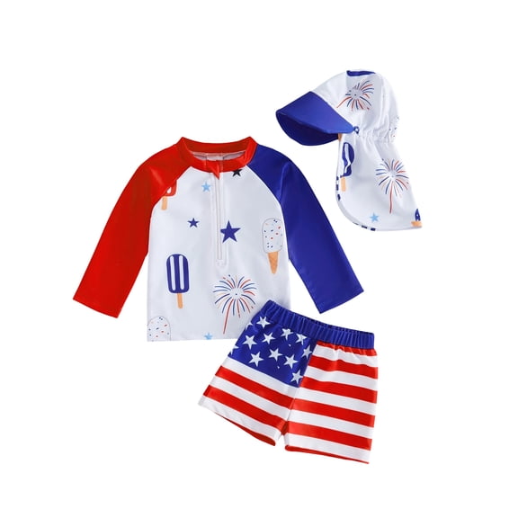 Cenuakty Toddler 6M-5T Boy Swimsuit Set 4th of July Star Print Tops Swim Trunks and Hat Rash Guard Bathing Suit 