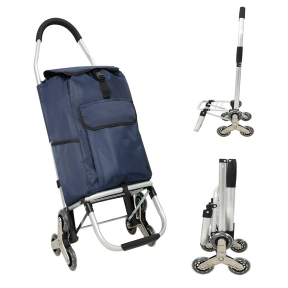Shopping Stair Trolley with Wheels,Trolley Black Foldable Shopping Cart,Removable Shopping Oxford Waterproof Bag,Stainless Steel Triangular Wheels, Blue
