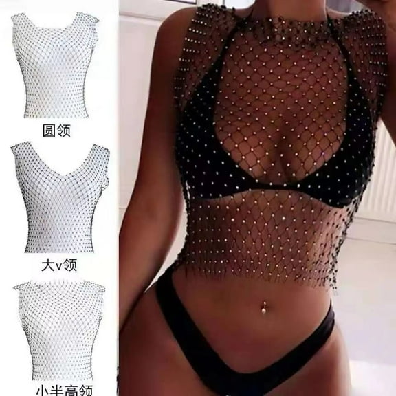Sexy T Shirt Shiny Rhinestone Fishnet Women Tank Tops Y2K Mesh See Through Crop Top Summer Beach Cover Up Tee Party Nightclub Unisex Men Clothing Fashionable Sparkle Hollow Out Vest Elegant Piece