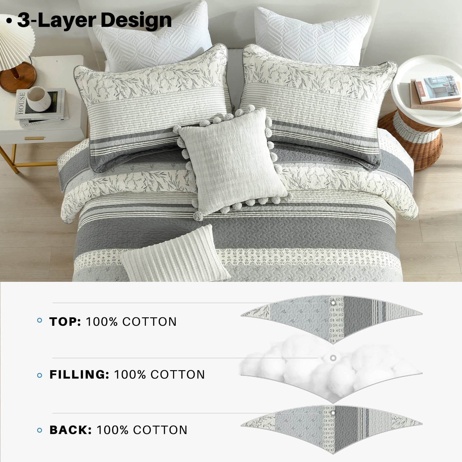 Bedduvit Striped Gray King Size Quilts - 100% Cotton Vintage Botanical Floral King Quilted Bedspread, Lightweight Framhouse Summer Print 3-Piece Bedding Set, Retro Decor Coverlet for King Bed, 98x106