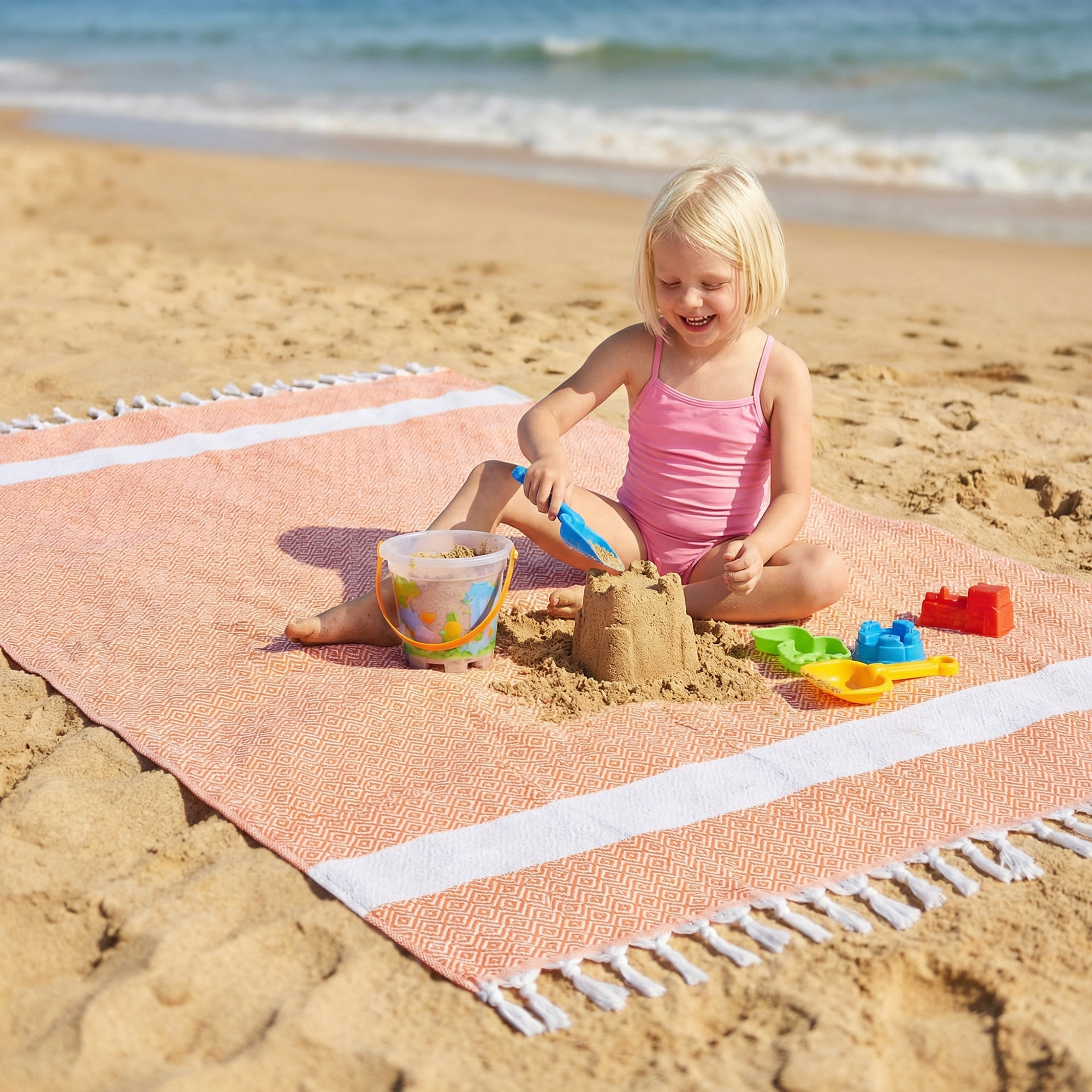 Unique Bargains Geometric Sandproof Quick Dry Turkish Towel Orange/Light Purple 71"x40"