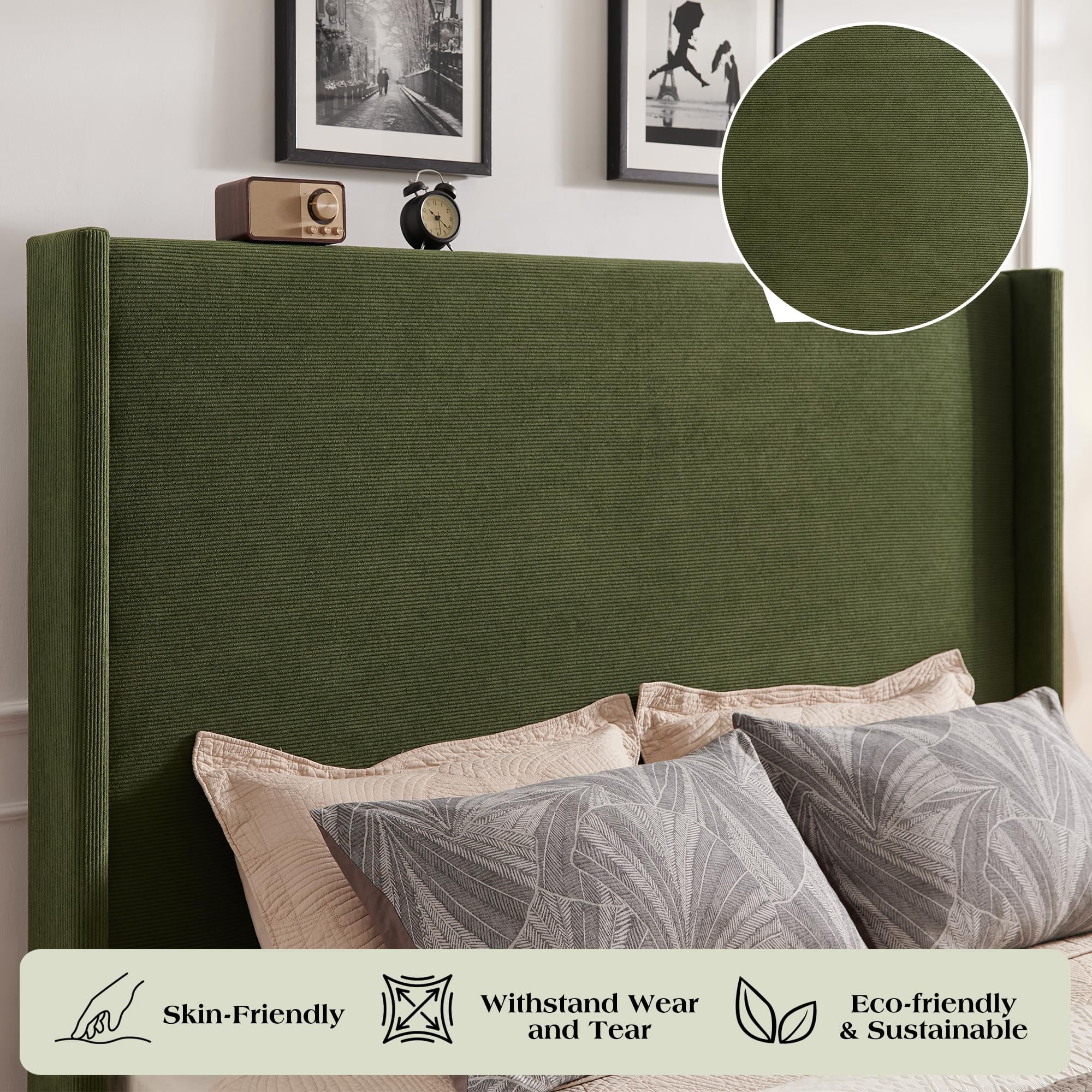 VanAcc Queen Bed Frame with 63" Tall Headboard, Horizontal Fine Corduroy Bed Frame with Upholstered Wingback, Vintage Solid Wood Gourd Legs, Green