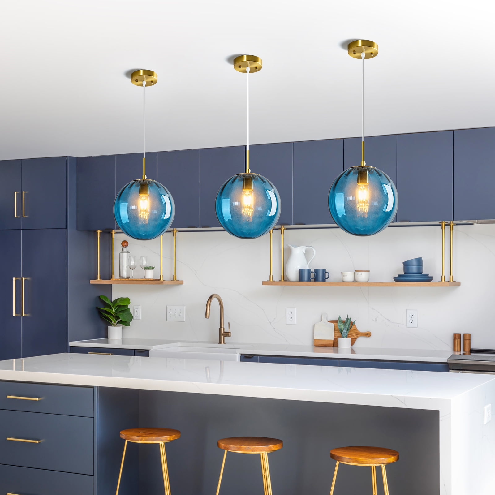 Gold Globe Pendant Lights Blue Glass Pendant Light Fixtures for Bedroom Dining Room Kitchen Island（9.84in，1-Pack）