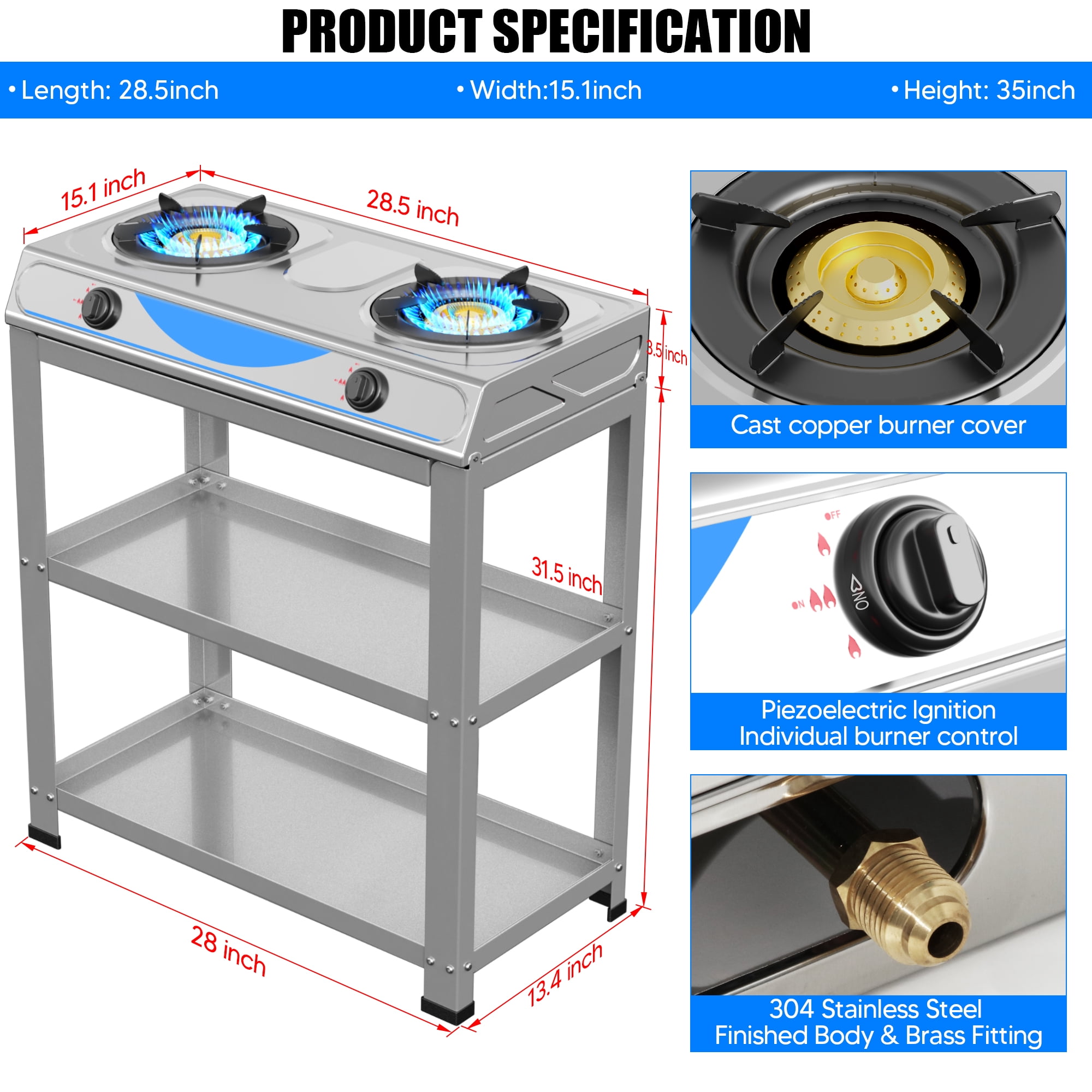 Propane Gas Stove,2 Burner Propane Burner, with Removable Leg,Auto Ignition Camping Stove,Portable Gas Stove for RV, Apartment, Outdoor