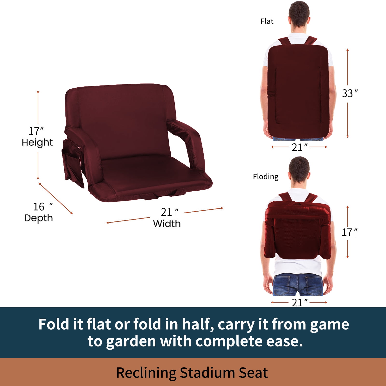 Seamander Large Size Foldable Stadium Chair for Bleacher Padded Back Support, Burgundy