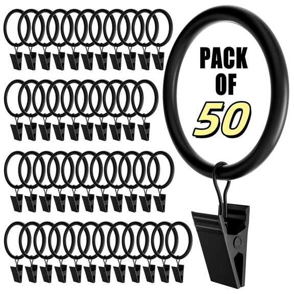 50 Pack Black Curtain Rings with Clips,Curtain Hooks for Hanging,Heavy Duty Drapery Rings,Polish Rustproof Curtain Clips Hangers for Drapes,2" Interior Diameter,Fits up to 1.25" Rods