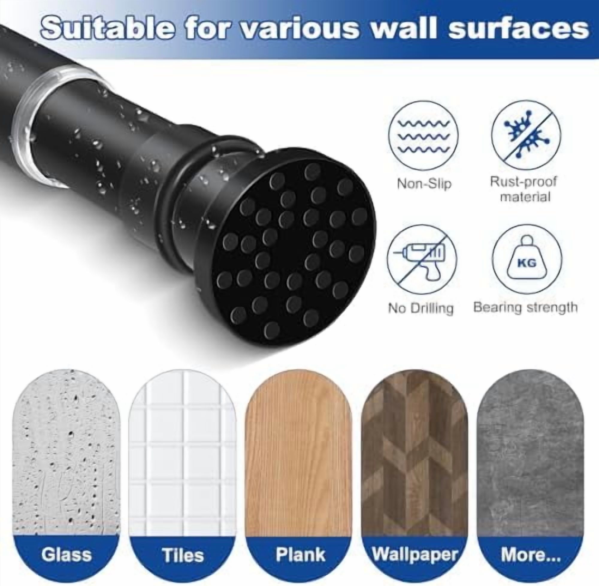 Black Tension Curtain Rod 28-48 Inch, Adjustable No Drilling Spring Rod for Windows, Bathroom, Bedroom, Doorway & Closet