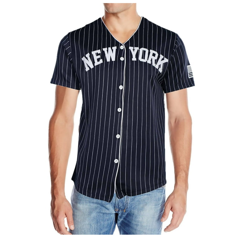 True Rock Men's New York Slim Fit Pinstripe Baseball Jersey (Navy