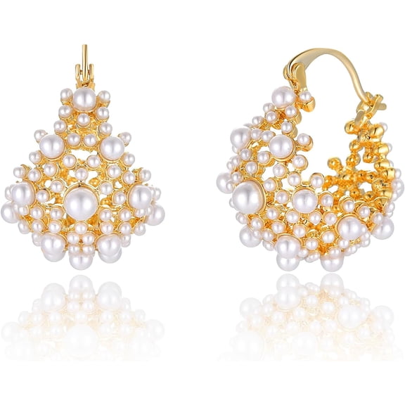 Pearl Hoop Earrings For Women, Trendy 14K Gold Plated Round Pearl Cuff Hoop Earrings Hypoallergenic Statement Earrings Jewelry For Her[Z1]