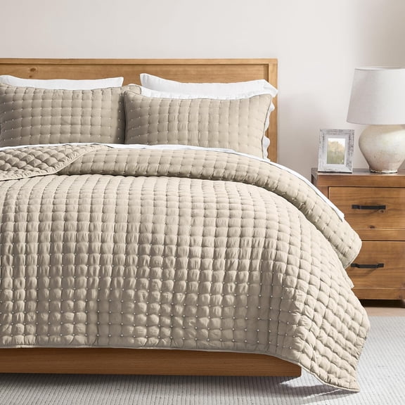 Cloud Soft Quilt Set, Oversized King Size, Beige, 116x106 inches | California Cal King Bedspread, Lightweight Farmhouse Coverlet, Tan Thin Bedding Comforter for All Season, 2 Pillow Shams