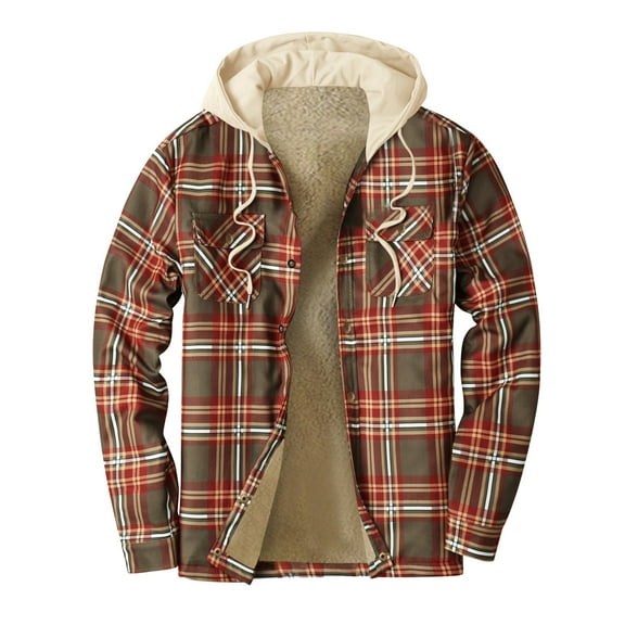 Penkiiy Men's Thick Quilted Plaid Printed Jacket Hooded Warm Cotton-padded Jacket Fleece Jacket Polyester Brown on Clearance