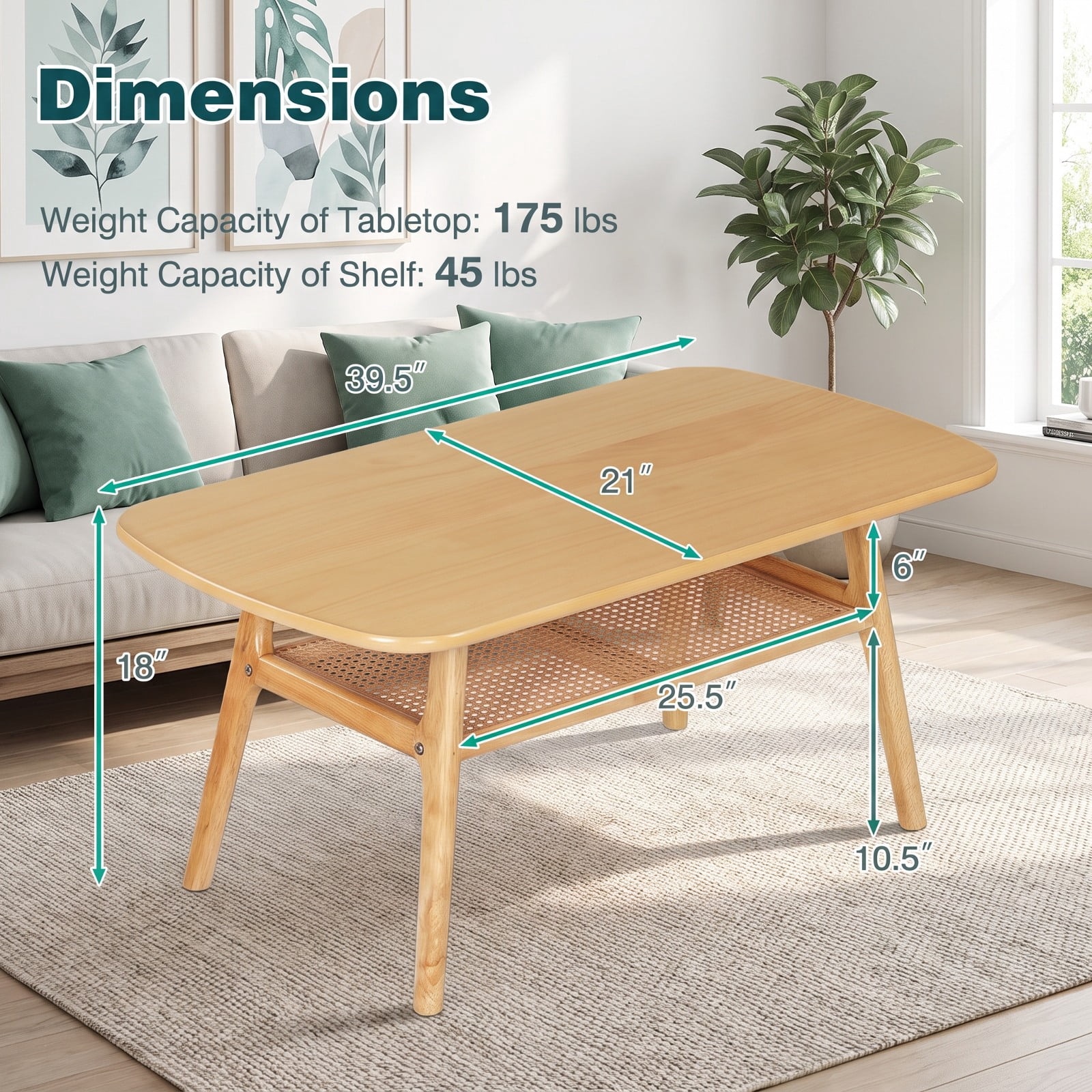 Furnibear 2 Tier Boho Rattan Coffee Table with Rounded Corners Rubber Wood Frame and Woven Open Shelf for Living Room, Natural
