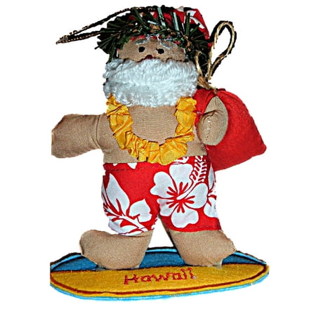 - Hawaiian Surfing Surfer Santa Fabric Beach Christmas Ornament