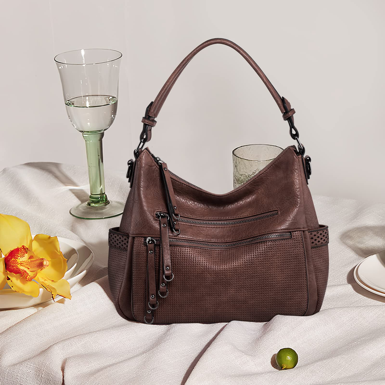 Capamaster Large Capacity Vintage Hobo Bag | Retro PU Leather 2-Way Shoulder Crossbody Purse for Women Coffee