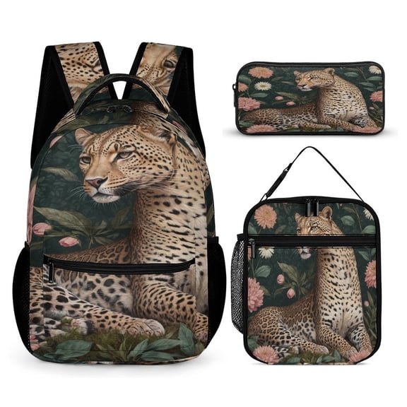 HEHOME 3-in-1 Backpack Set, Includes Bookbag, Insulated Lunch Bag, and Pencil Case,Cheetah in Floral Jungle
