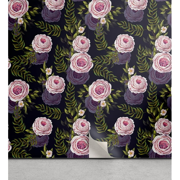 Ambesonne Peony Peel & Stick Wallpaper for Home, British Flowers on Midnight, 13"x36", Indigo Rose and Olive Green