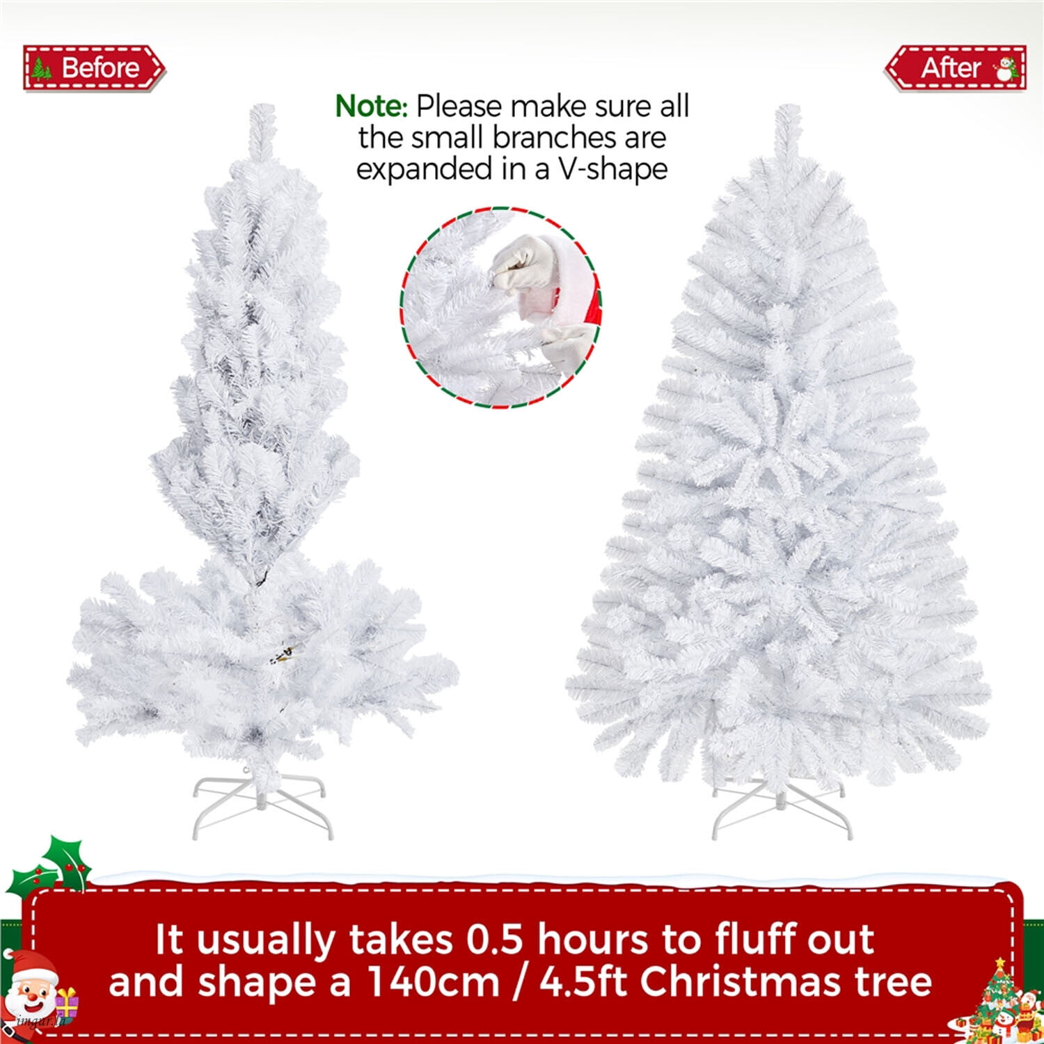 Alden Design 4.5FT Pre-lit Artificial Hinged Christmas Fir Tree with Stand and 150 LED Warm Lights,White