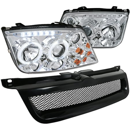 Jetta Black Projector - Spec-D Tuning 1999-2004 Volkswagen Jetta Halo Led Projector Chrome Headlights + Black Hood Mesh Grille 1999 2000 2001 2002 2003 2004