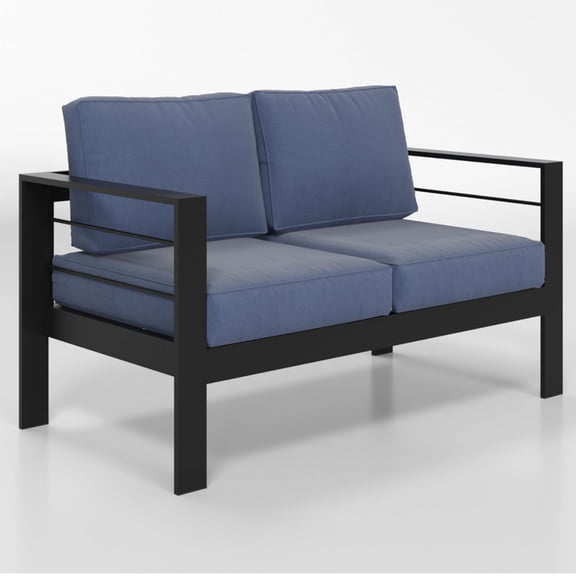 Miekor Furniture 50" All-Weather Aluminum Patio Loveseat with Thick Blue Cushions & Black Frame No.4604