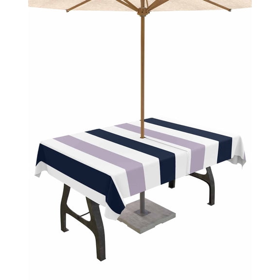 Outdoor Tablecloth with Umbrella Hole for Patio/Picnic/Party/Camping, Purple Navy Blue Striped Waterproof Table Cloth Rectangle Table Cover Washable, Farmhouse Stripe Art 60"x 84"