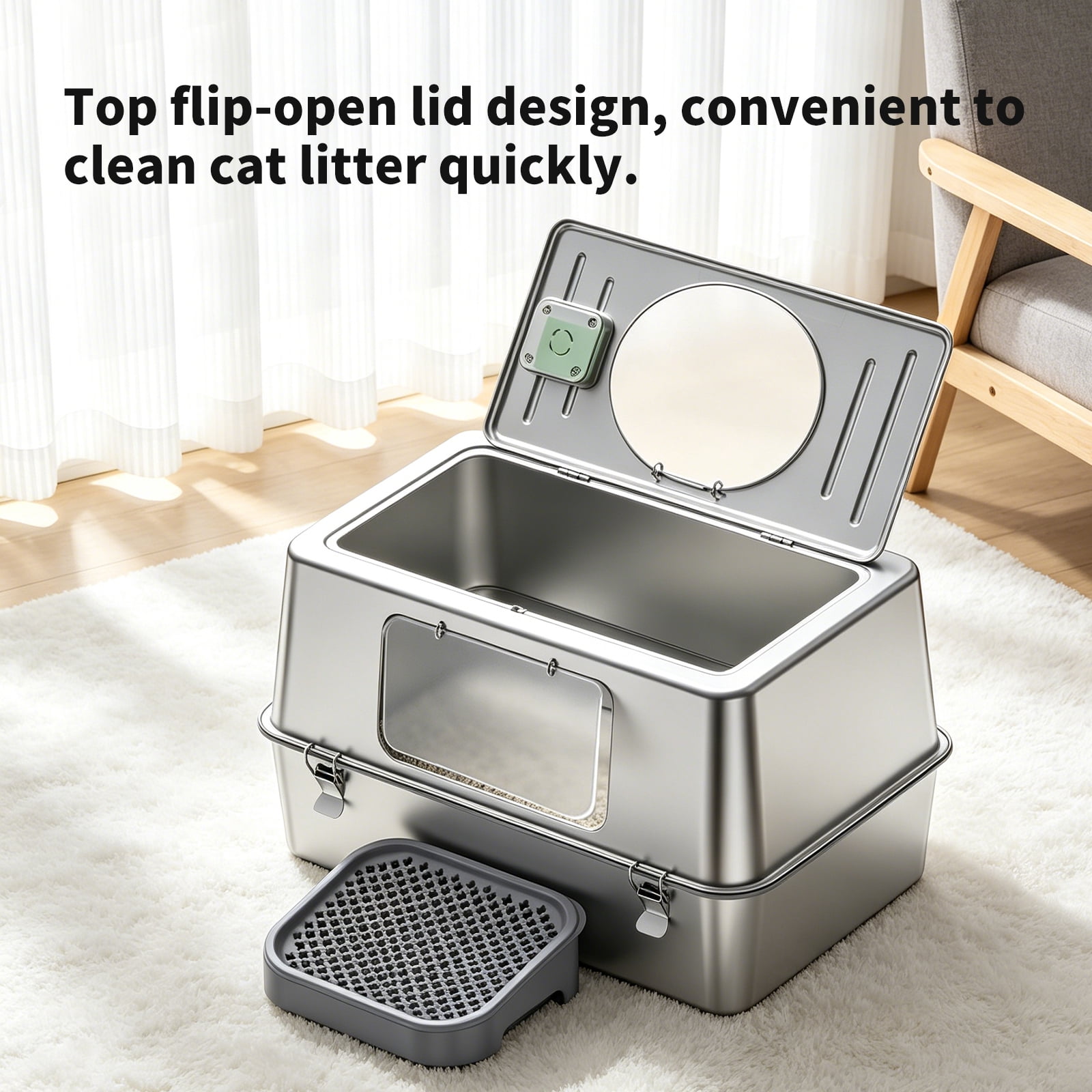 Stainless Steel Litter Box with Lid, Fully Enclosed Metal Cat Litter Box, Leak-Proof, Clumping Litter for Large, Multi-Cats