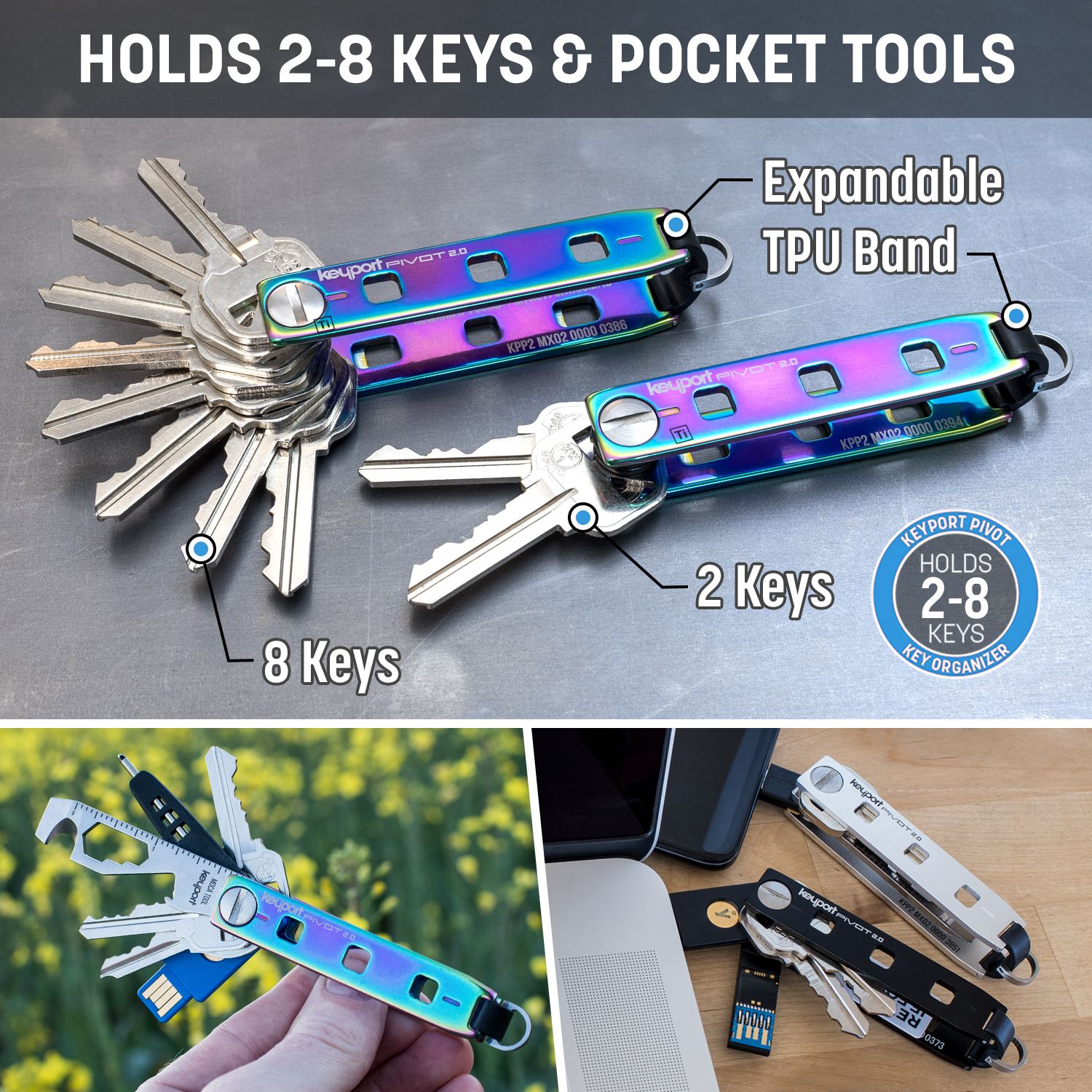 Keyport Pivot 2.0 Key Organizer Keychain (Iridescent Stainless Steel) - Keys + Pocket Tools + Lost & Found All-in-One