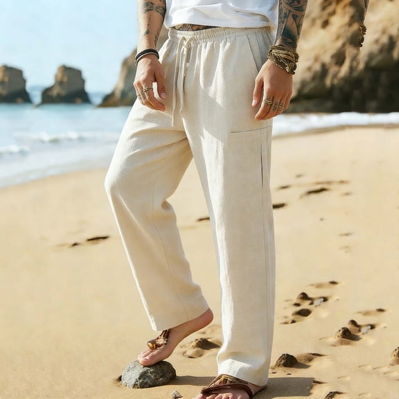 Ceisia Men's Linen Blend Beach Casual Pants Elastic Waist Drawstring Straight Leg Trousers Gifts