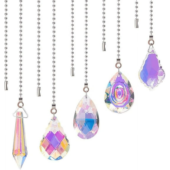 5Pcs Glass Crystal Ceiling Fan Pull Chain Extenders Colorful Hanging Suncatcher Floor Lamp Extension with 304 Stainless Steel Ball Chain