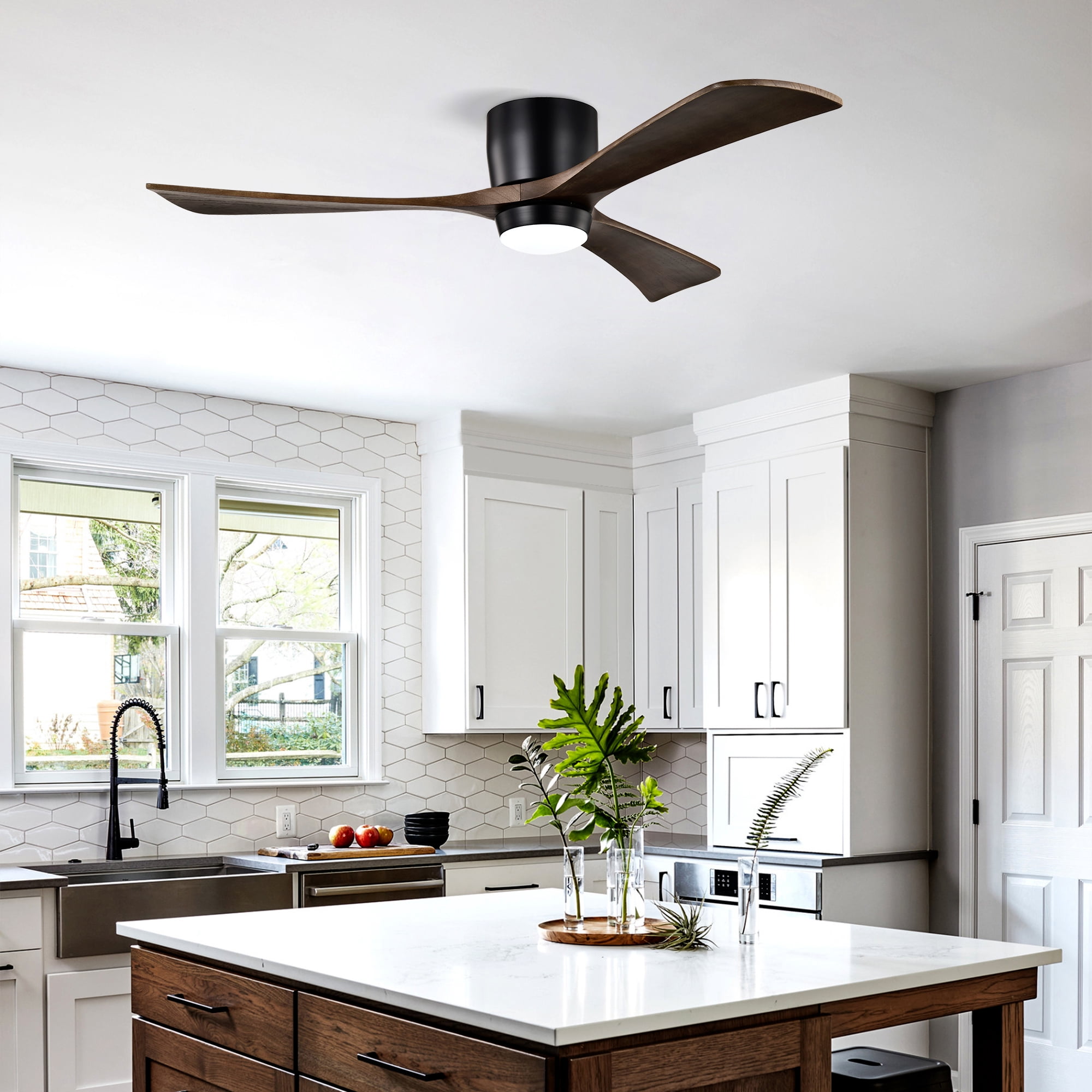 Flush Mount Ceiling Fan with Light, 52 Inch Solid Wood Blade Fan for Household Low Ceiling Room, Matte Black